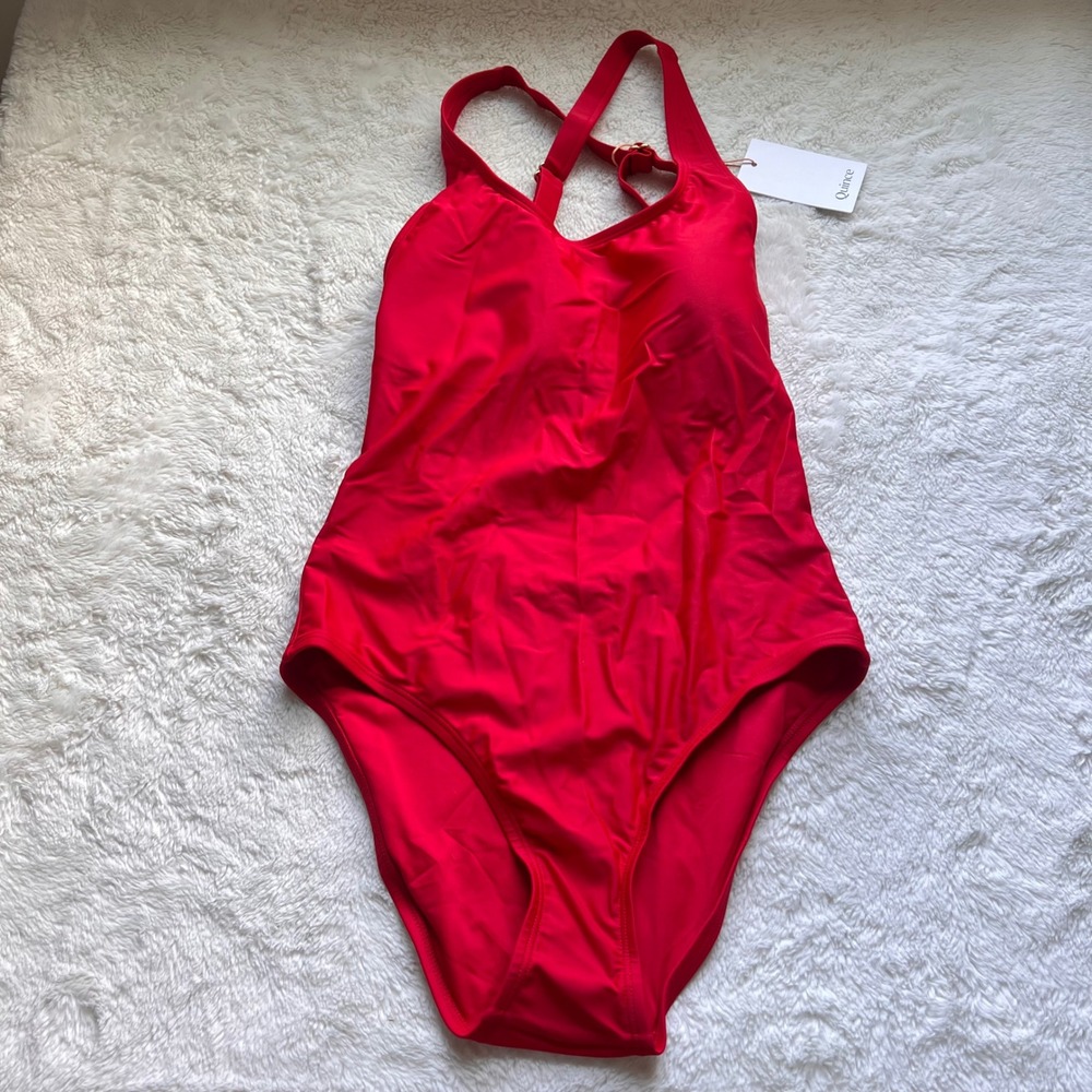 Quince Womens Red Recycled One Piece Swimsuit V-Neck Cross Back Size M NEW Beach